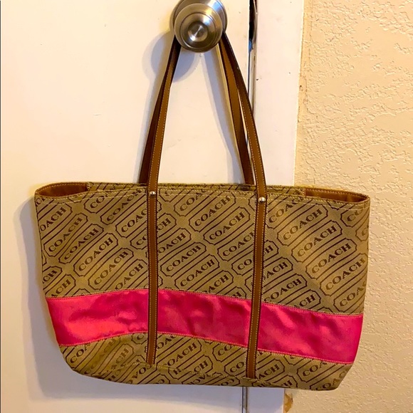 Coach lozenge logo khaki brown pink tote - Picture 1 of 6